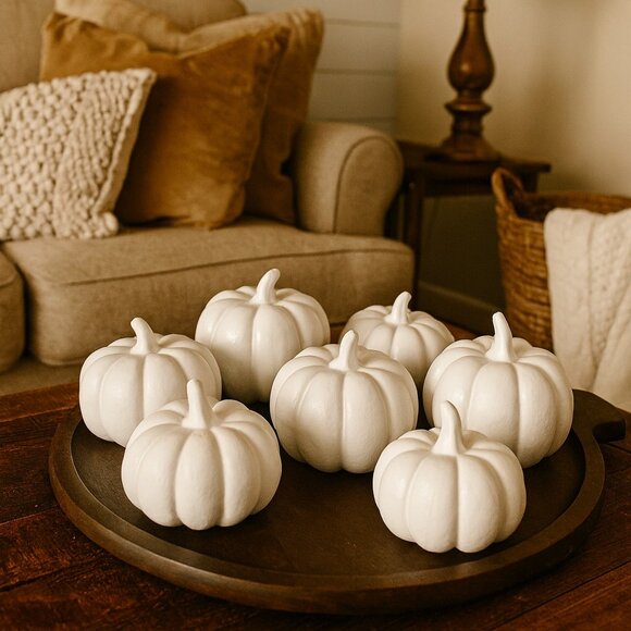 Thanksgiving Centerpiece Set Of 7 White Mini Ceramic Pumpkins - Picture 1 of 15